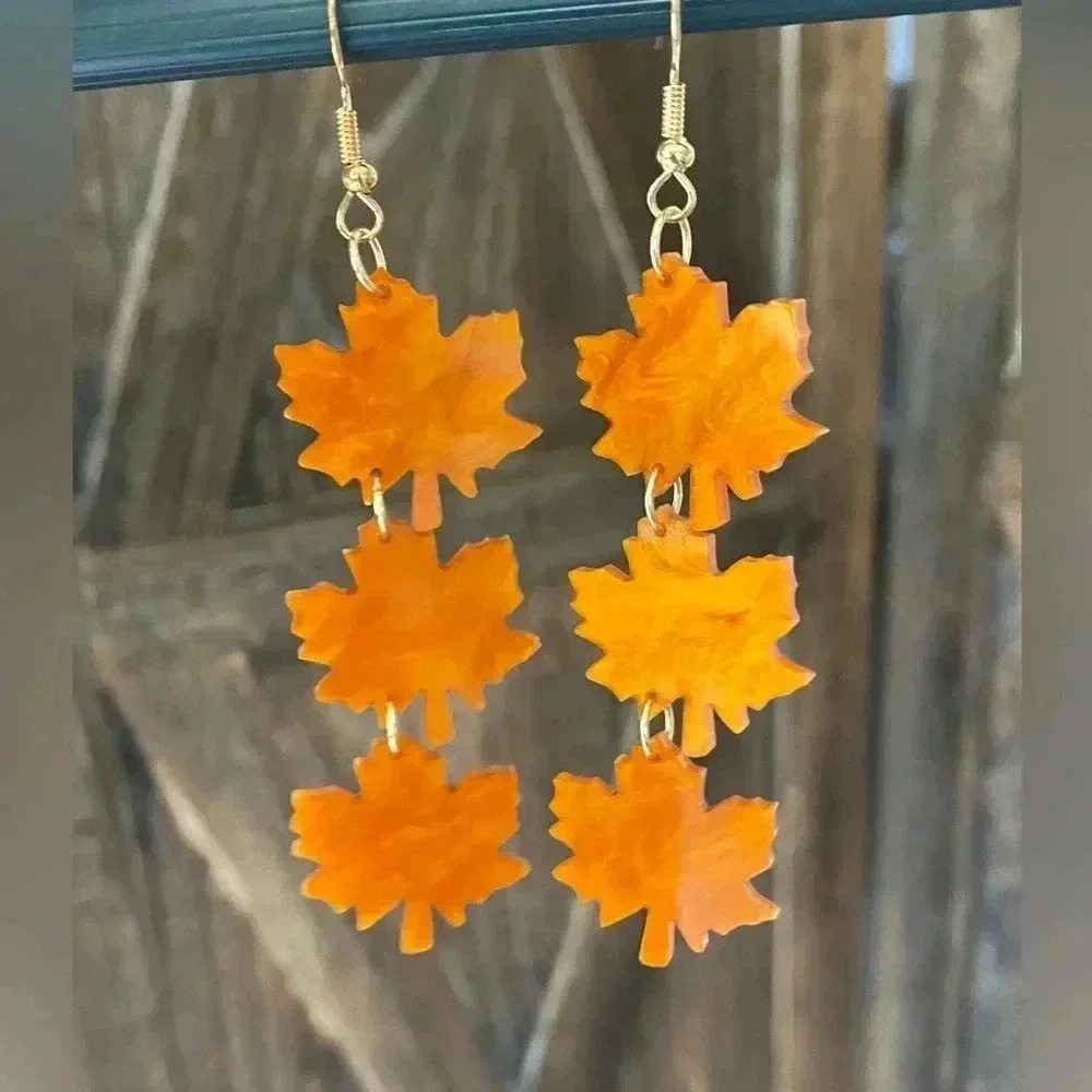 Acrylic Orange Fall Autumn Leaf Leaves Drop Earrings NEW